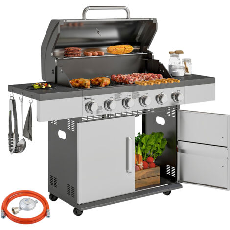 Outsunny Gasgrill 8500BTU Grillwagen inkl 6 Edelstahl-Brenner Rolle Thermometer Druckminderer Gasschlauch Deckel Seitenablagen, BBQ Gartengrill für Balkon, Camping-Grill 141 x 55 x 110 cm