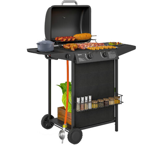 Outsunny Gasgrill 7 KW Grillwagen inkl 3 Brenner Seitenkocher Rolle Druckminderer Deckel Gasschlauch 2 Heizzonen Thermometer Seitenablagen, BBQ Gartengrill für Balkon, Grill 107 x 54 x 96 cm