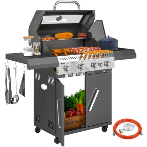 Outsunny Gasgrill 12 KW Grillwagen inkl 5 Brenner Seitenkocher Rolle Druckminderer Deckel Gasschlauch 2 Heizzonen Thermometer Seitenablagen, BBQ Gartengrill für Balkon, Grill 135 x 54 x 110 cm
