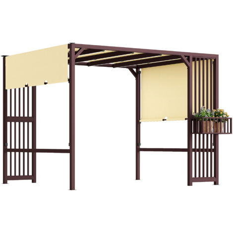 Outsunny Pergola Pavillon 3x2,5m UV 30+Stabil winterfest Sonnenschutz mit verstellbar Schiebedach Sichtschutz Pflanzgefäße freistehend Gartenpavillon Terrassenüberdachung für Garten Balkon Dunkelbraun (1/5)