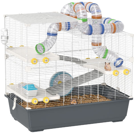 PawHut Hamsterkäfig 4 Etagen Nagerkäfig  Kleintierkäfig mit Laufrad Futternapf Tunnel Hütte Obertür, Kleintierstall Käfig für Hamster Syrischer Hamster 78 x 45 x 73 cm, Grau