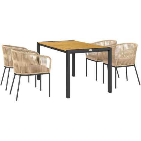 Outsunny 5-teiliges Polyrattan Gartenmöbel-Set für 4 Personen, wetterfest Balkonmöbel mit Tisch 4 Stühle abnehmbar Sitzkissen, Outdoor Terrassenmöbel Lounge-Set für Balkon, Garten, Naturholz+Khaki (1/5)