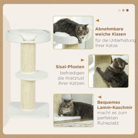 PawHut Kratzbaum 91 cm Katzenturm mit Sisalstämme, Plattform, Kissen  mehrstöckiger Katzenkratzbaum, Kletterbaum, für mittelgroße Katzen,  Cremeweiß