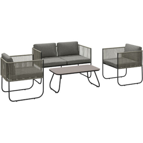 Outsunny Gartenmöbel Set aus Polyrattan Lounge-Set mit Sofa Sessel Tisch Kissen wetterfest Sitzgruppe für 4 Personen Balkonmöbel Set Gartenlounge Terrassenmöbel für Garten Balkon Braun+Dunkelgrau