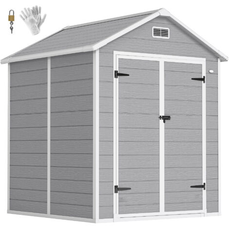 Outsunny Gerätehaus 2,4m², Wasserdicht Gartenhaus mit Boden Satteldach, 182x151x219/181 cm, Geräteschuppen mit Abschließbar Tür, Fenster, Fahrradgarage aus Kunststoff für Hinterhof, Garten, Grau