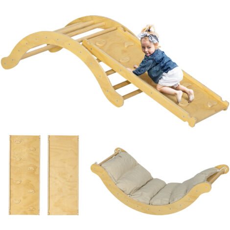 AIYAPLAY  4-in-1 Montessori Klettergerüst Indoor Holz Kletterdreieck mit Kletterbogen, Rutsche & Matte Indoor Spielplatz für Kleinkinder und Kinder 1,5-4 Jahre, Naturholz