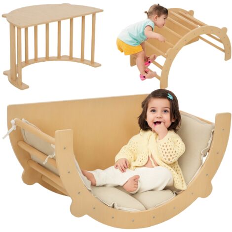 AIYAPLAY 3-in-1 Montessori Klettergerüst Indoor Holz Kletterbogen mit Tischplatte Matte Indoor Spielplatz für Kleinkinder und Kinder 1,5-4 Jahre, Naturholz