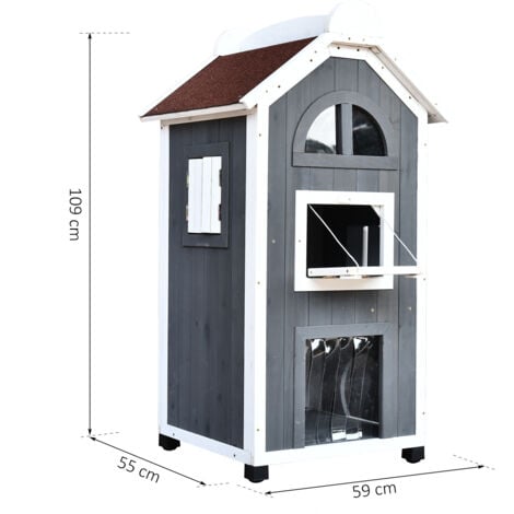 PawHut Katzenhaus für Katzenbett oder Katzentoilette, Katzenschrank, Katzenklo Indoor, Tannenholz, Asphaltdach, Grau, 59 x 55 x 109 cm