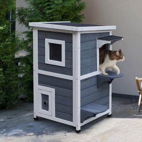 Pawhut Katzenhaus 2 Etagen Katzenvilla mit Treppen Asphaltdach Fenster Tannenholz Grau 51 x 51 x 81,3 cm