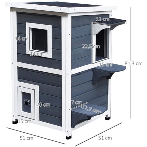 Pawhut Katzenhaus 2 Etagen Katzenvilla mit Treppen Asphaltdach Fenster Tannenholz Grau 51 x 51 x 81,3 cm