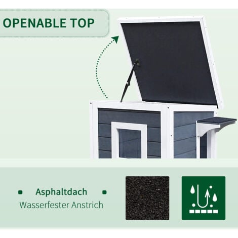 Pawhut Katzenhaus 2 Etagen Katzenvilla mit Treppen Asphaltdach Fenster Tannenholz Grau 51 x 51 x 81,3 cm