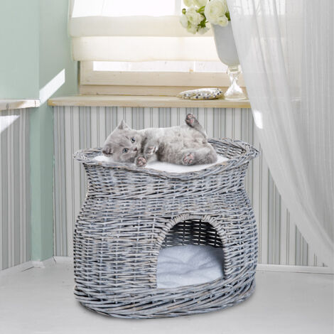 PawHut Rattan Weidenkorb für Katzen Katzenhütte mit 2 weichen Liegekissen Katzenkorb Haustierbett aus Wasserhyazinthe für Wohnzimmer Grau 56 x 37 x 40 cm