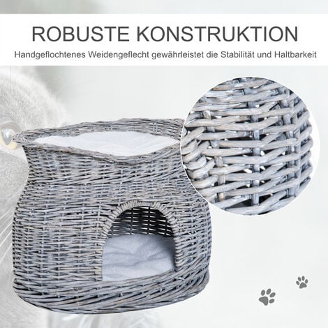 PawHut Rattan Weidenkorb für Katzen Katzenhütte mit 2 weichen Liegekissen Katzenkorb Haustierbett aus Wasserhyazinthe für Wohnzimmer Grau 56 x 37 x 40 cm