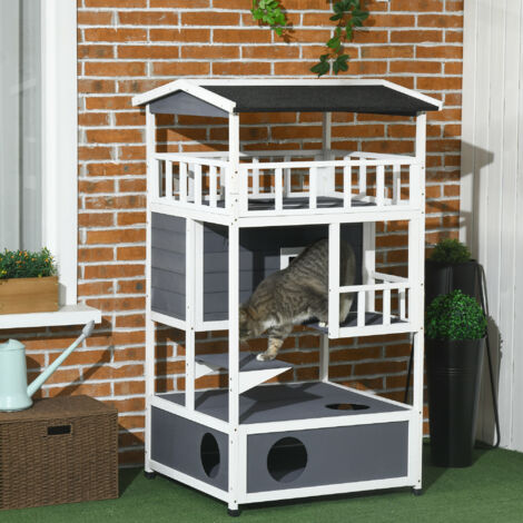 PawHut Katzenhaus aus Holz, Winterfest wasserdicht Katzenhütte mit Dach, Katzenhöhle, 4 Etagen Katzenvilla mit Terrasse und Treppe für Draußen Garten Balkon, 75,5 x 75 x 137 cm, Grau