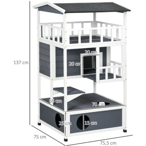 PawHut Katzenhaus aus Holz, Winterfest wasserdicht Katzenhütte mit Dach, Katzenhöhle, 4 Etagen Katzenvilla mit Terrasse und Treppe für Draußen Garten Balkon, 75,5 x 75 x 137 cm, Grau