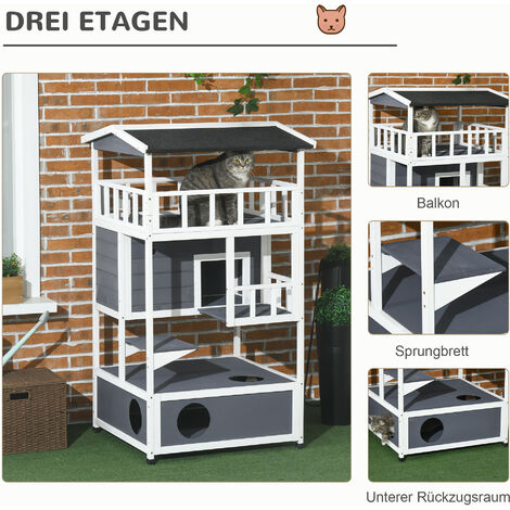 PawHut Katzenhaus aus Holz, Winterfest wasserdicht Katzenhütte mit Dach, Katzenhöhle, 4 Etagen Katzenvilla mit Terrasse und Treppe für Draußen Garten Balkon, 75,5 x 75 x 137 cm, Grau