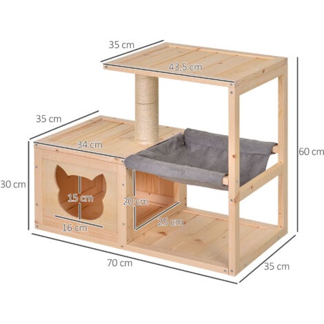 PawHut Katzenhaus mit Hängematte, Katzenkiste mit Sisalstamm, Katzenhöhle, Katzenbaum, Katzenaktivitätszentrum, Tannenholz, Natur, 70 x 35 x 60 cm