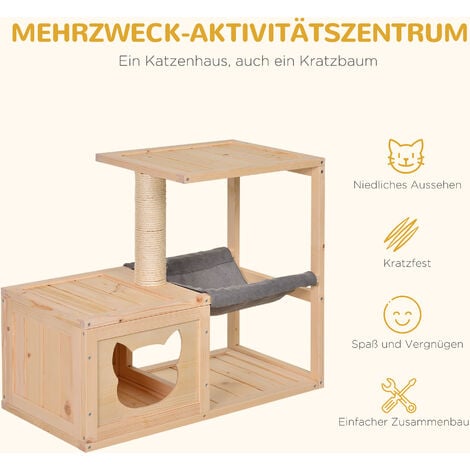 PawHut Katzenhaus mit Hängematte, Katzenkiste mit Sisalstamm, Katzenhöhle, Katzenbaum, Katzenaktivitätszentrum, Tannenholz, Natur, 70 x 35 x 60 cm
