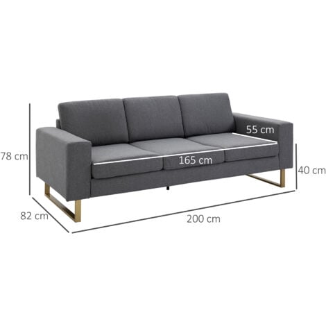 HOMCOM 3 Sitzer Sofa Dreisitzer Stoffsofa mit Kissen Armlehne Leinenoptik für Schlafzimmer 200 x 82 x 78 cm Dunkelgrau