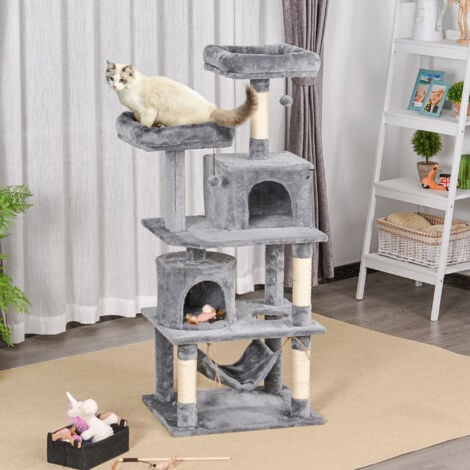 PawHut Katzen Kratzbaum groß 145 cm, Katzenbaum mit Hängematte, Kletterbaum für Katzen, Katzenkratzbaum Höhle Katzenmöbel mit Sisalstämmen, Hellgrau