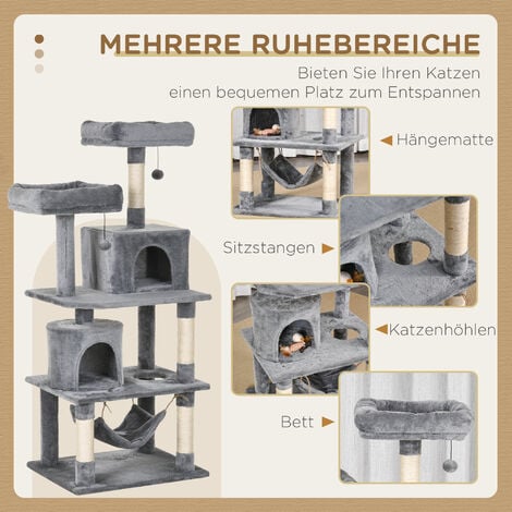 PawHut Katzen Kratzbaum groß 145 cm, Katzenbaum mit Hängematte, Kletterbaum für Katzen, Katzenkratzbaum Höhle Katzenmöbel mit Sisalstämmen, Hellgrau