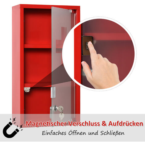 Medizinschrank Arzneischrank Rot Erste-Hilfe-Schrank mit Schloss Fächer x 12 Metall 25 3 x 48