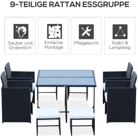 Outsunny 9 tlg. Polyrattan Gartenmöbel Rattan Gartenset Sitzgruppe Garnitur Essgruppe inkl. Kissen Schwarz 109 x 109 x 72 cm