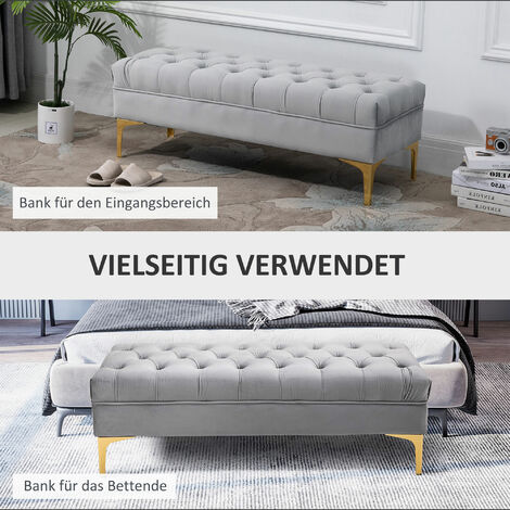 HOMCOM Sitzbank mit Stauraum Polsterbank mit Samtoptik, Klappdeckel, Sitztruhe mit Holzbeine, Truhenbank Bettbank für Wohnzimmer Schlafzimmer Flur 95 x 38 x 45 cm Grau