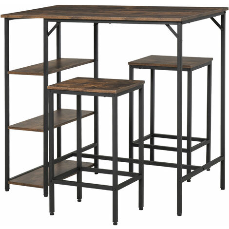 HOMCOM Bartisch-Set Stehtisch mit 2 Barhockern 3-teiliges Tischset Küchentresen mit Regale Spanplatte Stahl Rustikales Braun+Schwarz 109 x 60 x 100 cm