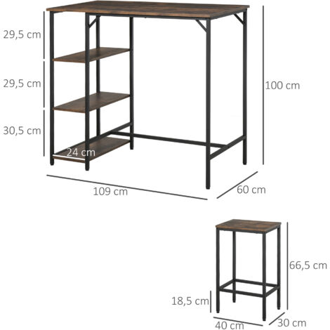 HOMCOM Bartisch-Set Stehtisch mit 2 Barhockern Essgruppe 3-teiliges Tischset Küchentresen mit Regale Spanplatte Stahl Rustikales Braun+Schwarz 109 x 60 x 100 cm