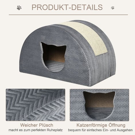 PawHut Katzenhöhle mit Kraztbrett Katzenbett Kratzhaus Katzenhaus Katzenwohnung Sisal Grau 48,5 x 30 x 30 cm