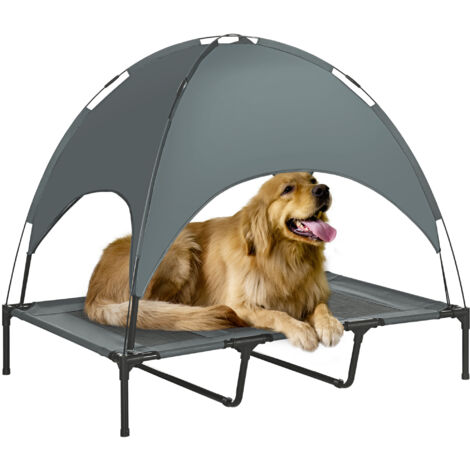 PawHut Erhöhtes Hundebett mit Baldachin, Haustierbett, Hundeliege outdoor mit Dach, Atmungsaktiv, Taftstoff für Camping Grau 122 x 92 x 108 cm