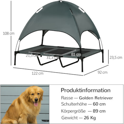PawHut Erhöhtes Hundebett mit Baldachin, Haustierbett, Hundeliege outdoor mit Dach, Atmungsaktiv, Taftstoff für Camping Grau 122 x 92 x 108 cm