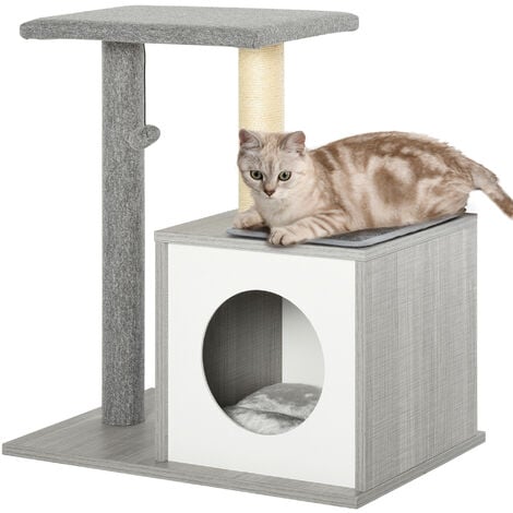 PawHut Holz Kratzbaum Katzenbaum Kletterbaum für Katzen, Kätzchen Möbel mit Katzenhöhle, Spielhaus, Katzenspielzeug und Plüschkissen Grau&Weiß 59x39x62 cm
