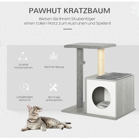 PawHut Holz Kratzbaum Katzenbaum Kletterbaum für Katzen, Kätzchen Möbel mit Katzenhöhle, Spielhaus, Katzenspielzeug und Plüschkissen Grau&Weiß 59x39x62 cm