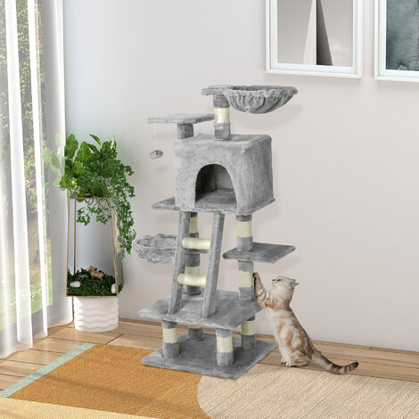 PawHut Kratzbaum mit Katzenhöhle Hängematte Mehrstufiger Katzenbaum Katzenkratzbaum Kletterbaum für Katzen Kratzmöbel Sisal Grau 80 x 55 x 125 cm