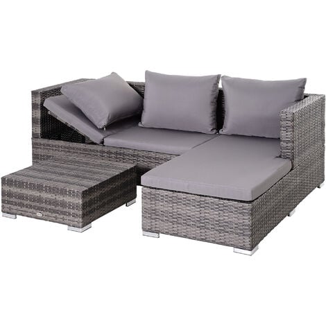 Sofa, Outsunny x Grau, 64 Beistelltisch x (Sofa) mit PE-Rattan, cm 5-Stufig Dreiteiliges Set, Rückenlehne, 62 130 Gartenmöbel Stauraum,