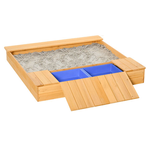 Outsunny Sandkasten Staubdichte Holzsandkasten Sandkasten mit Dach und 2  Aufbewahrungsbox für 3-6 Jahre Sandkasten Sandbox Sitzbänken Sandkiste Holz  Sandkastenvlies Natur+Blau 125 x 121 x 17,5 cm