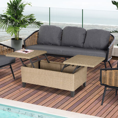 Outsunny Polyrattan Beistelltisch Garten Couchtisch Gartentisch Balkontisch ausziehbar Stahl Khaki 103 x 50 x 45,5 cm
