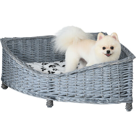 PawHut Hundesofa aus Ratten Haustierbett für kleine Katzen und Hunde Haustiersofa Katzensofa Weichem Bezug Eck Hundebett Hundecouch Weide Plüsch Grau 68 x 68 x 32 cm