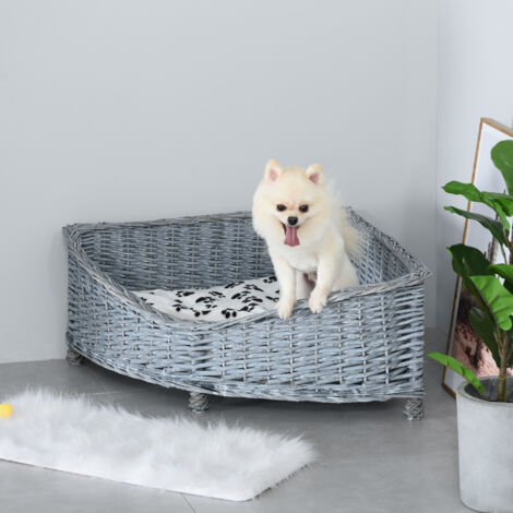 PawHut Hundesofa aus Ratten Haustierbett für kleine Katzen und Hunde Haustiersofa Katzensofa Weichem Bezug Eck Hundebett Hundecouch Weide Plüsch Grau 68 x 68 x 32 cm