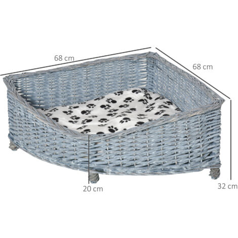 PawHut Hundesofa aus Ratten Haustierbett für kleine Katzen und Hunde Haustiersofa Katzensofa Weichem Bezug Eck Hundebett Hundecouch Weide Plüsch Grau 68 x 68 x 32 cm