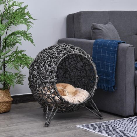 PawHut Katzenhaus aus Rattan mit Kissen Katzenschlafplatz Katzenhöhle mit erhöhten Füßen Silbergrau Ø52 x 58 cm