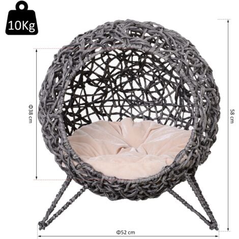 PawHut Katzenhaus aus Rattan mit Kissen Katzenschlafplatz Katzenhöhle mit erhöhten Füßen Silbergrau Ø52 x 58 cm