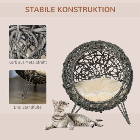 PawHut Katzenhaus aus Rattan mit Kissen Katzenschlafplatz Katzenhöhle mit erhöhten Füßen Silbergrau Ø52 x 58 cm