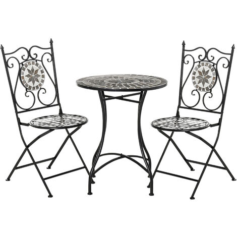 Outsunny Garten Sitzgruppe 3-teilige Mosaiktisch Essgruppe Gartenmöbel-Set Balkonmöbel Set 1 Tisch+2 faltbare Stühle Garten Metall Keramikfliese Mehrfarbing