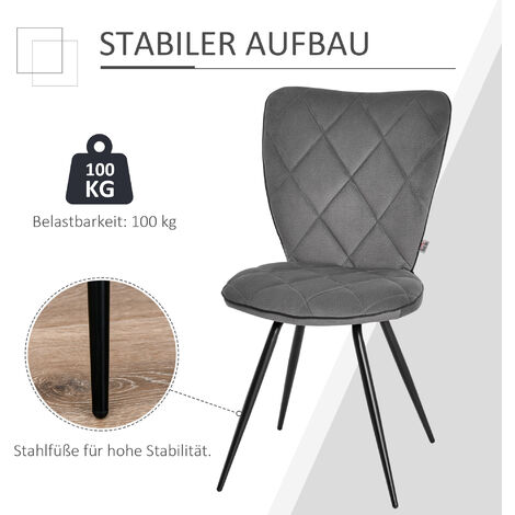 HOMCOM 2er-Set Esszimmerstühle Küchenstuhl Polsterstuhl mit Rückenlehne  Flanell Schaumstoff Stahl Grau+Schwarz 47 x 62 x 91 cm