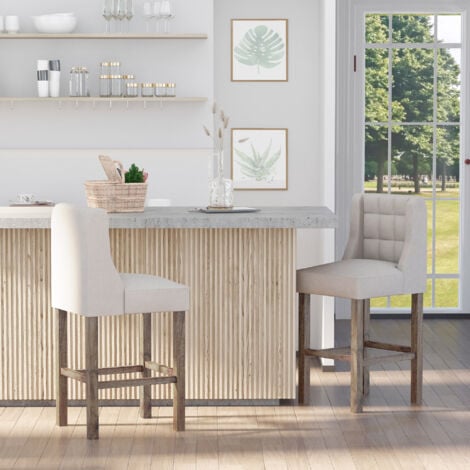 HOMCOM 2er-Set Barhocker moderne Küchenstühle Bistrohocker Barstühle für Küche mit Rückenlehne Tresenhocker Leinen-Touch Gummiholz Beige 47 x 50 x 101 cm