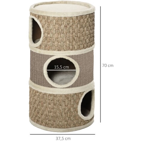 PawHut Kratztonne 70 cm Hoch Ø 37,5 cm dreistöckige Katzentonne mit Sisalseil, Katzenhöhle, Kratzbaum für kleine Katzen, Khaki+Kaffee