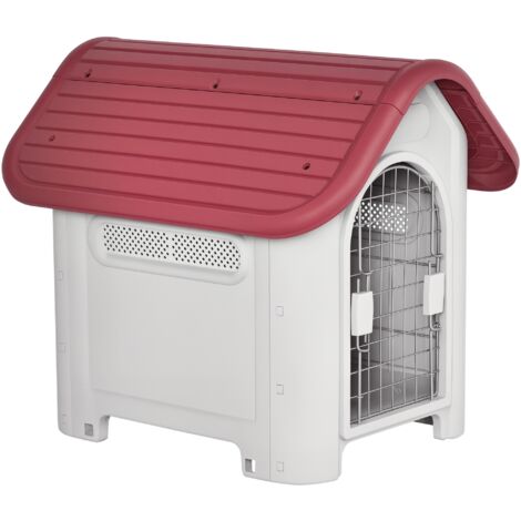 PawHut Hundehütte Outdoor Hundehaus mit Dachluke Tor Unterschlupf für kleine Hunde Kleintierstall Luftzirkulation wasserdicht Metall Kunststoff Rot+Hellgrau 59 x 75 x 66 cm